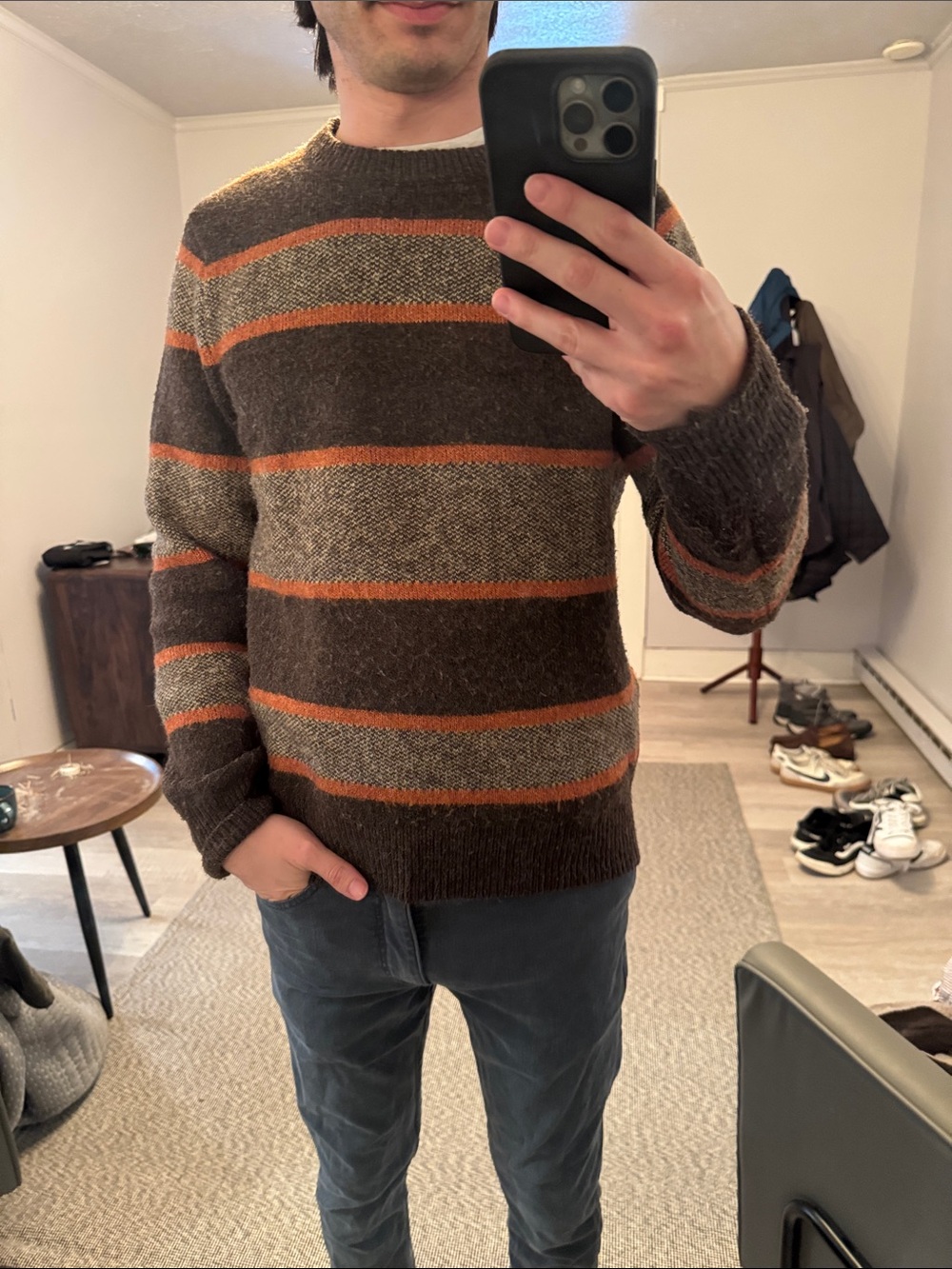 Men's Brown & Orange Striped Crewneck Knit Sweater from Target